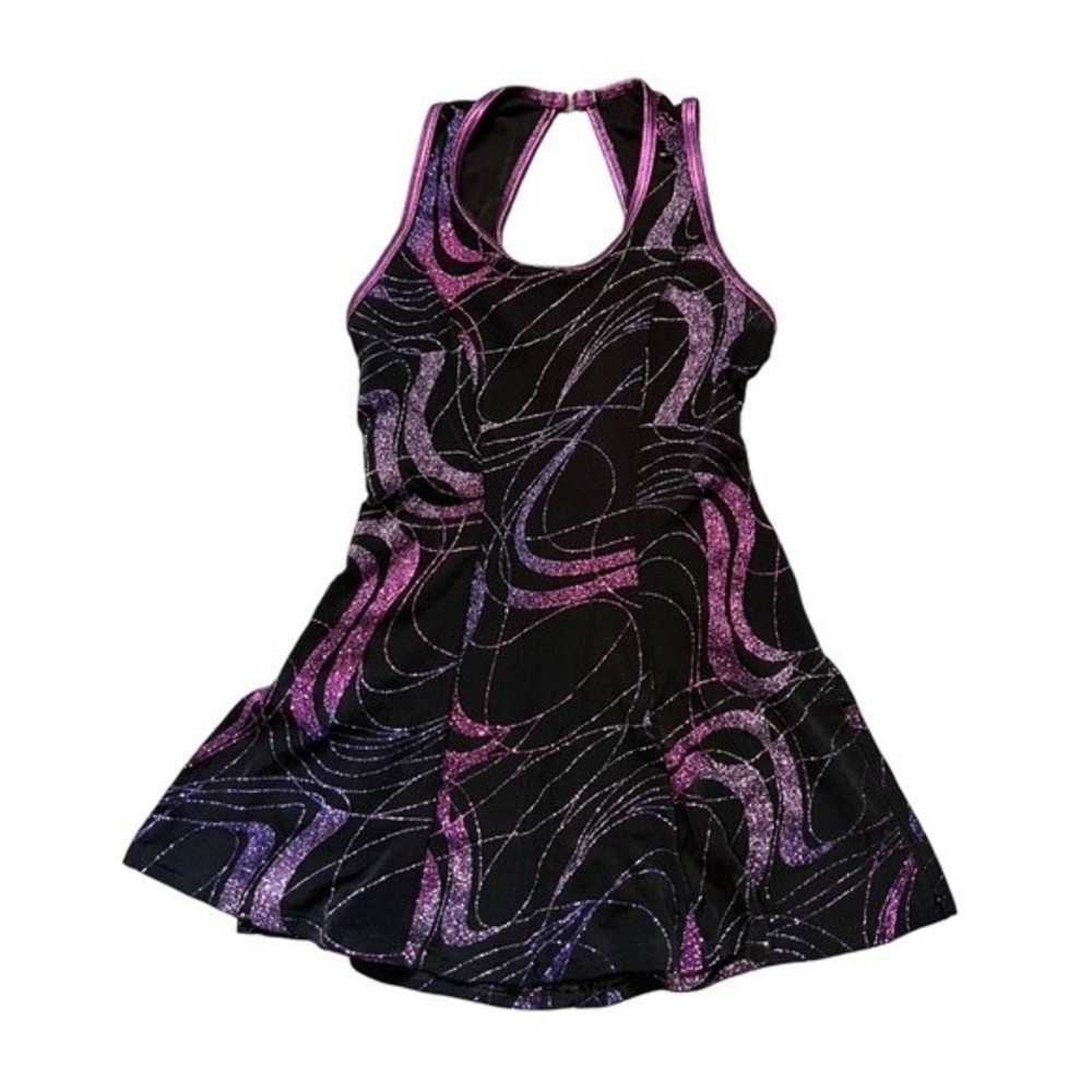 S/M Black with Purple Glitter Swirls Tank Stretch Figure Skating Dance Dress